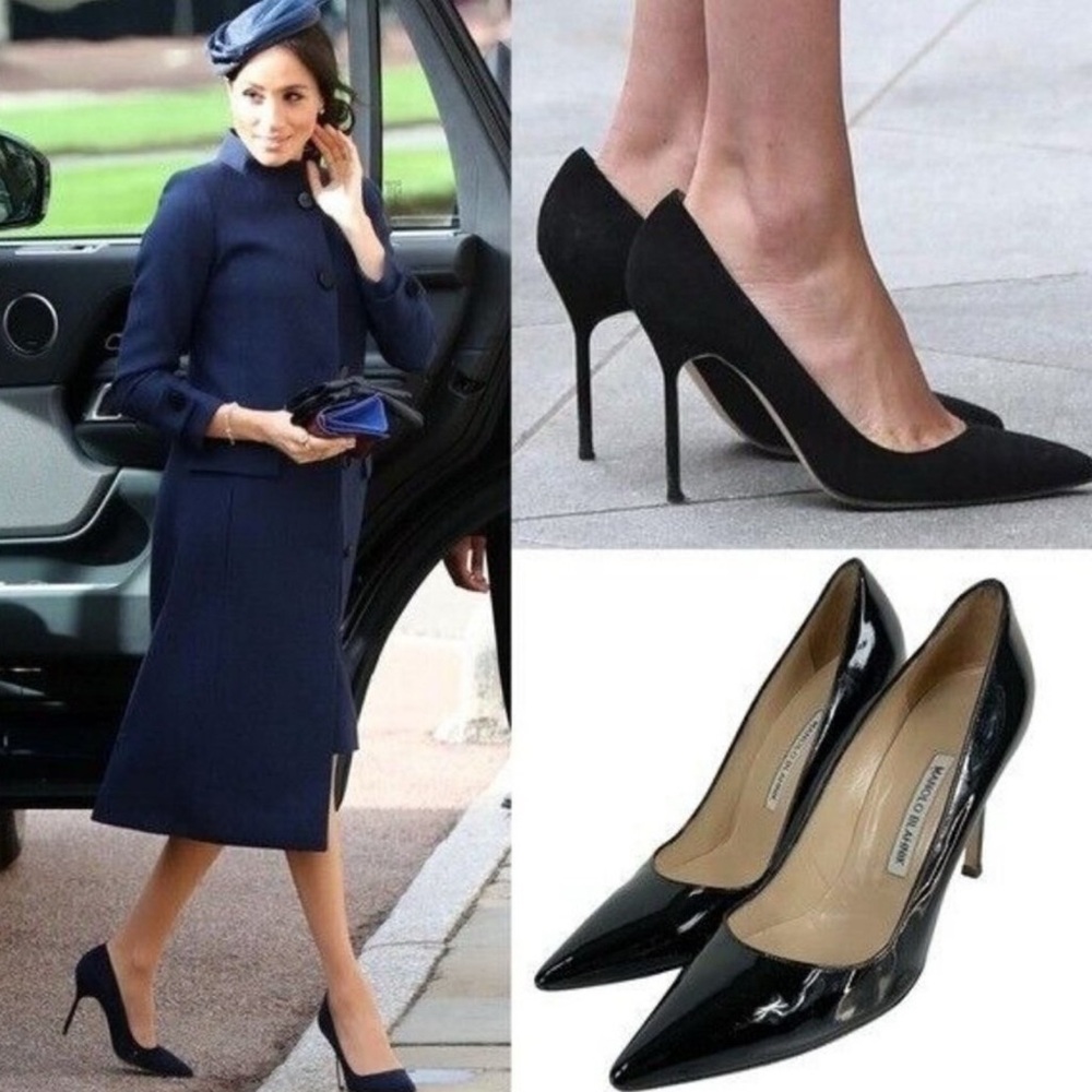 Manolo Blahnik Black Pointed-Toe Pumps in Patent and Suede